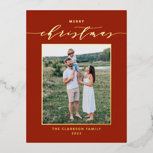 Modern Script Red Merry Christmas Photo Foil Holiday Postcard (Front)