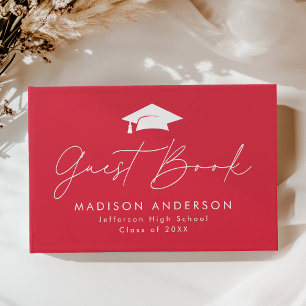 Modern Script Red Photo Graduation Guest Book