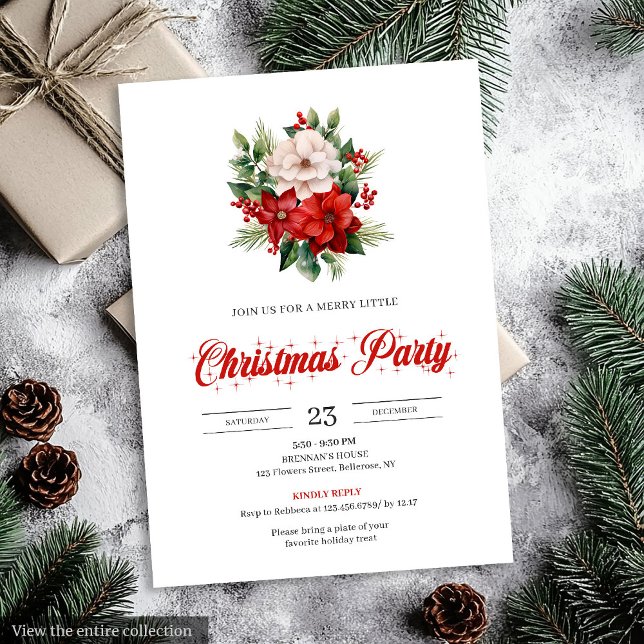 Modern Script Red Poinsettia Floral Christmas  Invitation (Modern Script Red Poinsettia Floral Christmas Invitation)