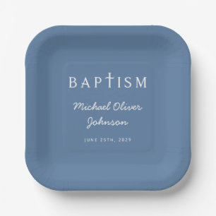 Modern Script Religious Cross Blue Boy Baptism Paper Plate