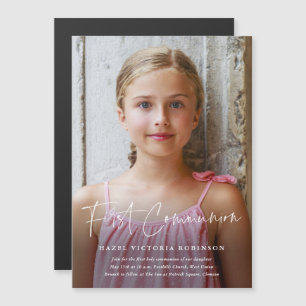 Modern Script Religious First Communion Magnetic Invitation