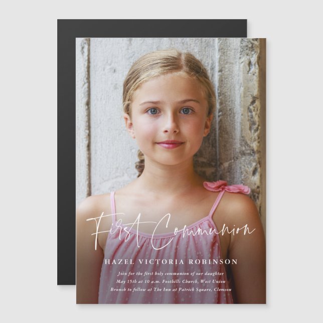 Modern Script Religious First Communion Magnetic Invitation (Front/Back)