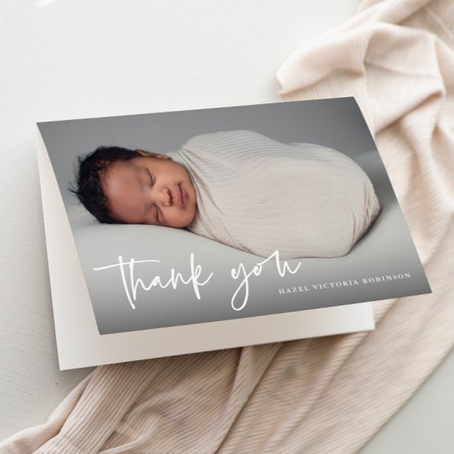 Modern Script Religious Photo Baptism  Thank You Card (Modern script typography overlay photo baptism thank you card.)