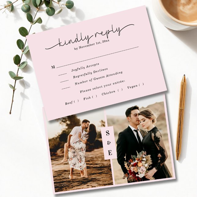 Modern Script Romantic Blush Pink Photo Wedding RSVP Card (Creator Uploaded)