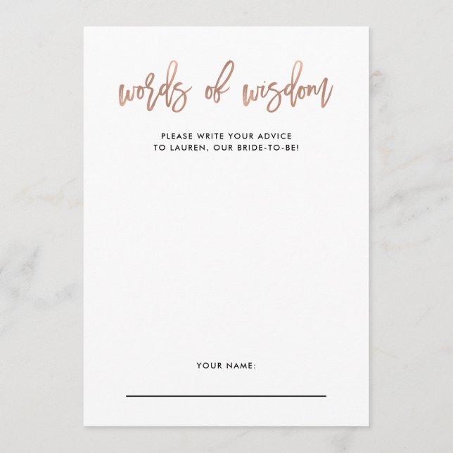 Modern Script Rose Gold Bridal Shower Advice Card (Front)