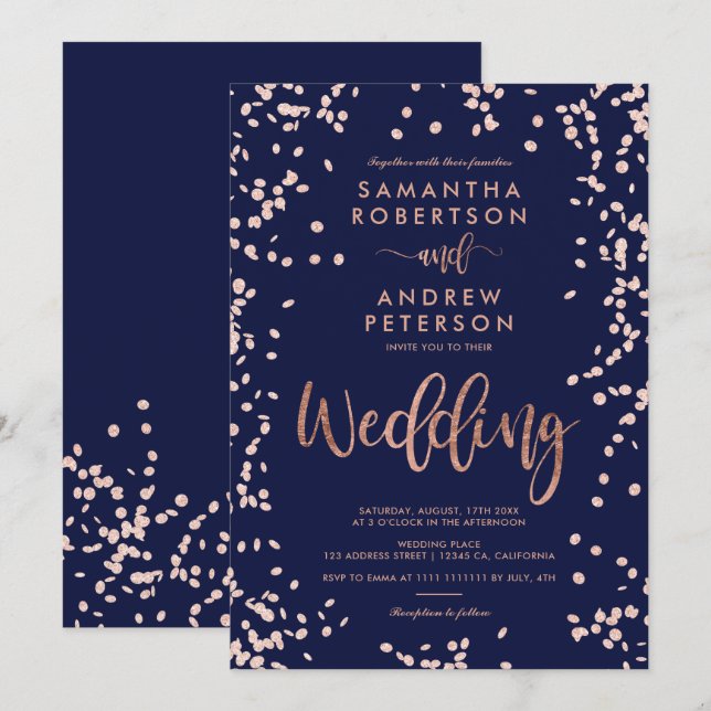 Modern script rose gold confetti navy blue wedding invitation (Front/Back)