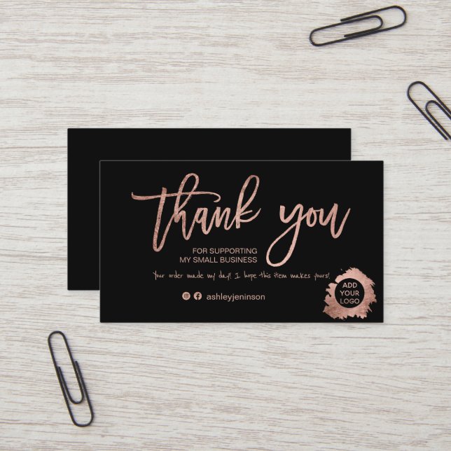 Modern script rose gold foil black order thank you business card (Front/Back In Situ)