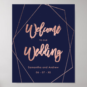 Modern script rose gold navy welcome wedding poster
