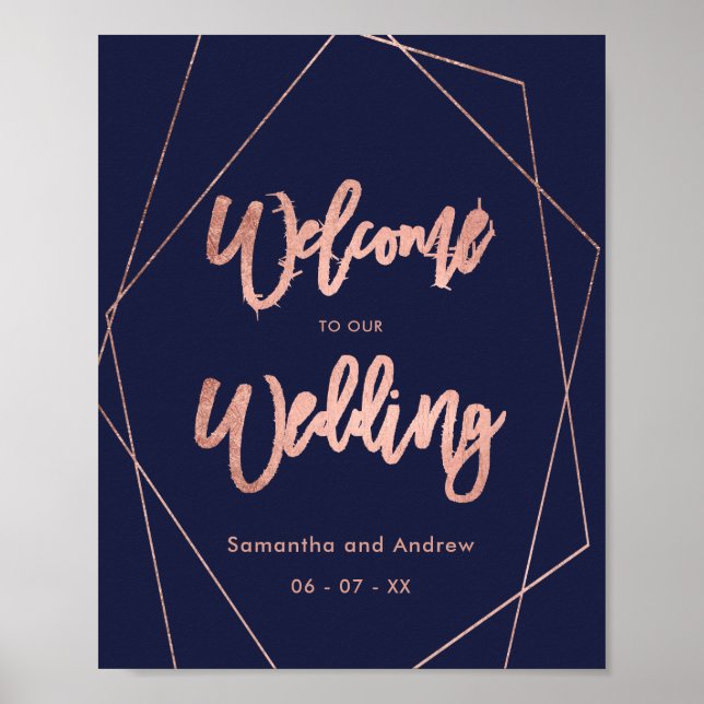 Modern script rose gold navy  welcome wedding  poster (Front)