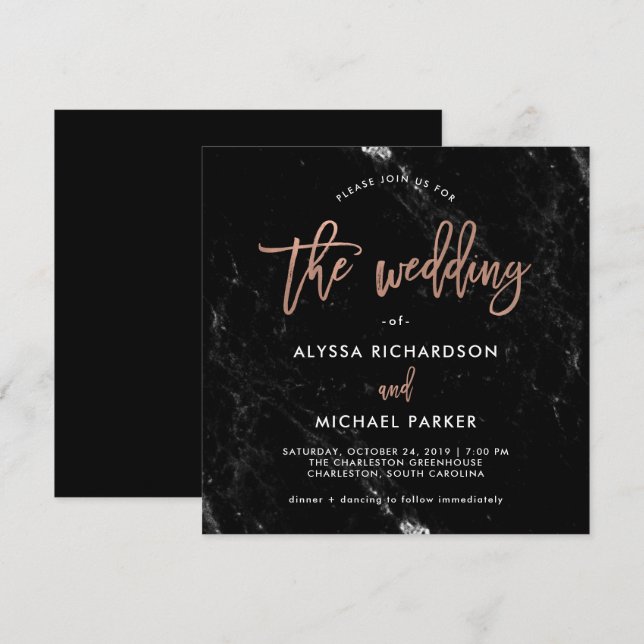 Modern Script | Rose Gold on Black Marble Wedding Invitation (Front/Back)