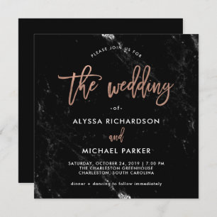 Modern Script Rose Gold on Black Marble Wedding Invitation