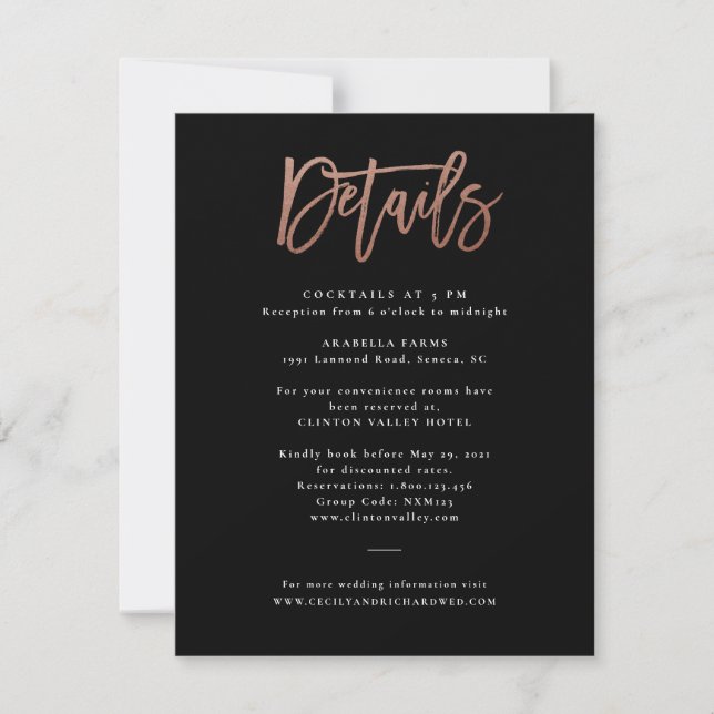 Modern Script Rose Gold Wedding Details Card (Front)