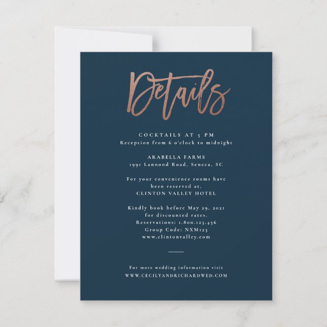 Modern Script Rose Gold Wedding Details Invitation (Front)