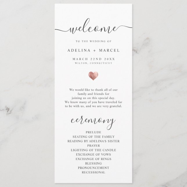 Modern Script Rose Gold Welcome Wedding Program Programme (Front)