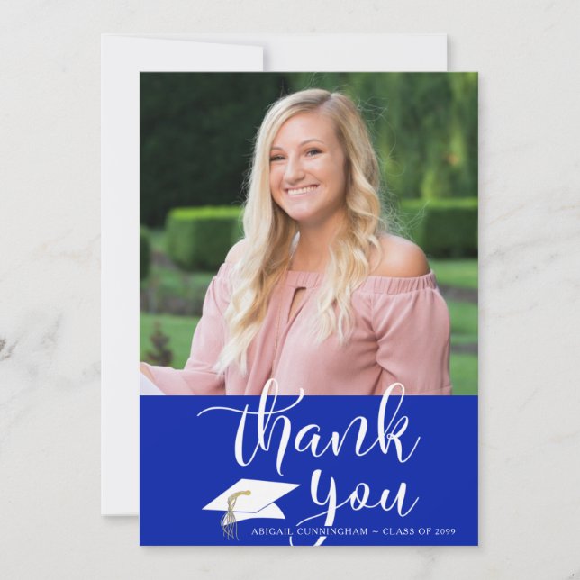 Modern Script Royal Blue Graduation Photo Thank You Card (Front)