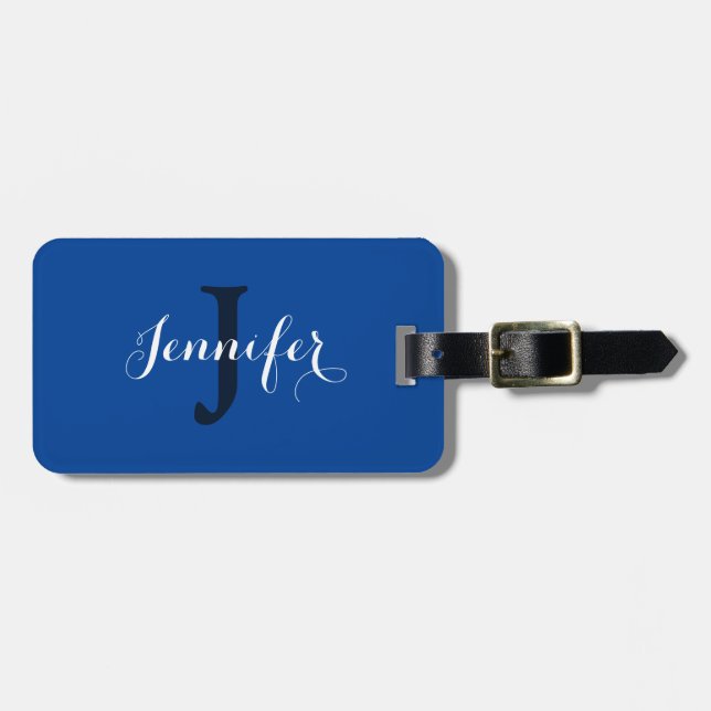 Modern Script Royal Blue White Monogram Luggage Tag (Front Horizontal)