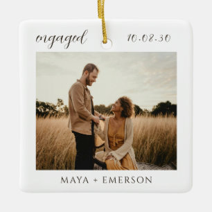 Modern Script Rustic Engagement Photo Keepsake Ceramic Ornament