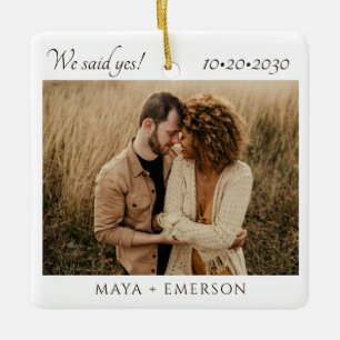 Modern Script Rustic Engagement Photo Keepsake  Ceramic Ornament