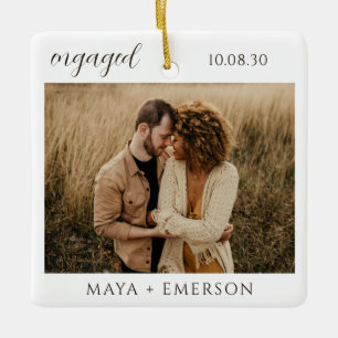 Modern Script Rustic Engagement Photo Keepsake Ceramic Ornament