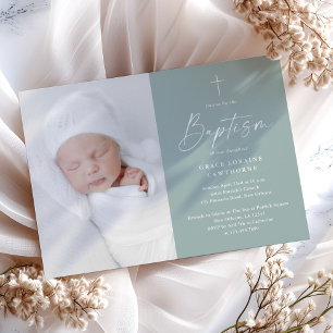 Modern Script Sage Gender Neutral Photo Baptism Invitation