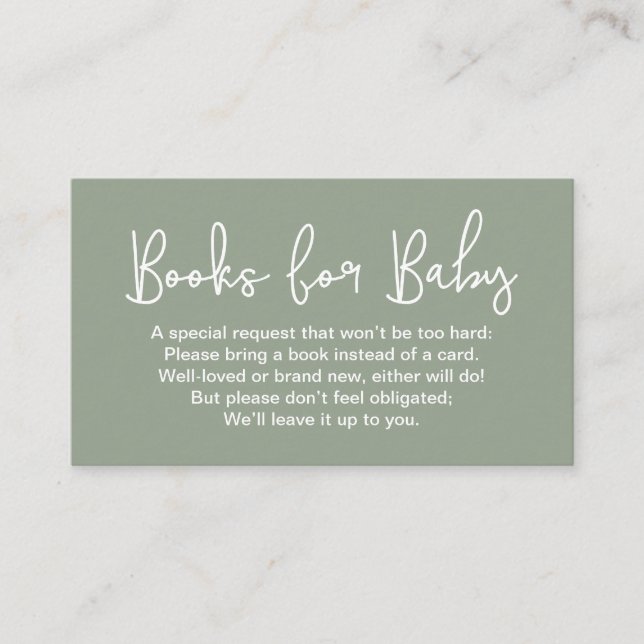Modern Script Sage Green Baby shower Book Request Enclosure Card (Front)