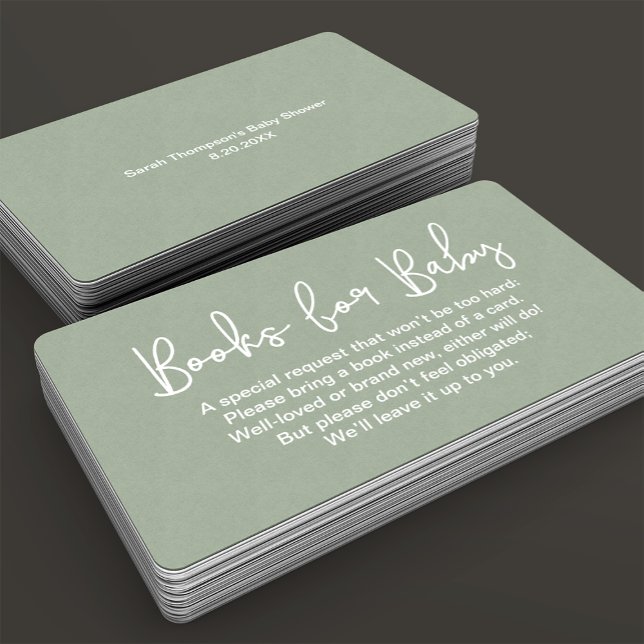 Modern Script Sage Green Baby shower Book Request Enclosure Card (Customizable minimalist sage green Books for baby request instead of card enclosure card.)
