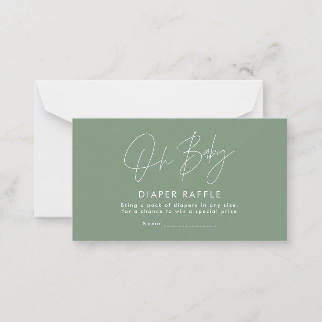 modern script sage green baby shower diaper raffle card (Front)