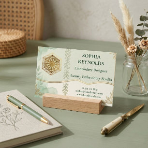 Modern Script Sage Green Embroidery Studio Logo  Business Card