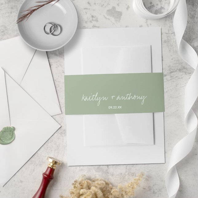 Modern Script Sage Green Minimalistic Wedding Invitation Belly Band (Creator Uploaded)