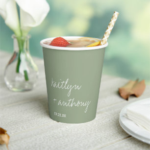 Modern Script Sage Green Minimalistic Wedding Paper Cups