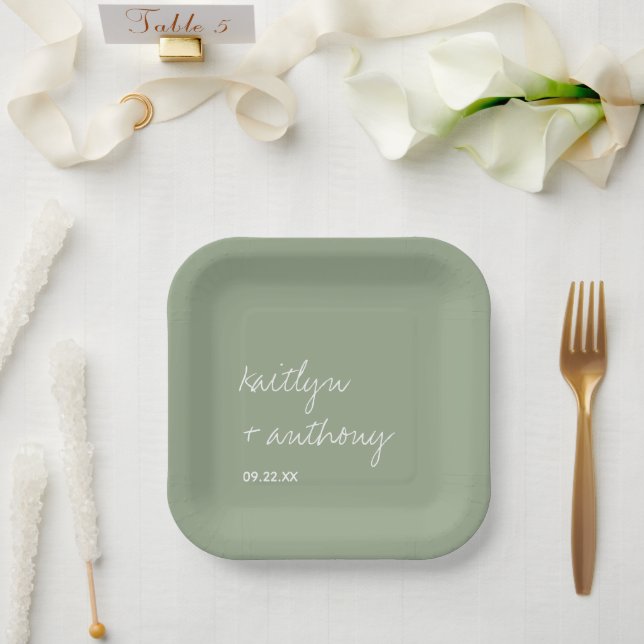 Modern Script Sage Green Minimalistic Wedding Paper Plate (Wedding)