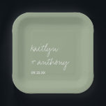 Modern Script Sage Green Minimalistic Wedding Paper Plate<br><div class="desc">Celebrate in style with these modern and very trendy wedding paper plates. This design is easy to personalise with your own wording and your guests will be thrilled when they see these fabulous party paper plates. Matching items can be found in the collection.</div>
