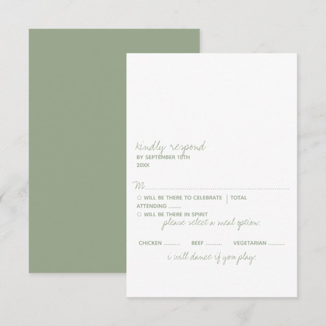 Modern Script Sage Green Minimalistic Wedding RSVP Card (Front/Back)