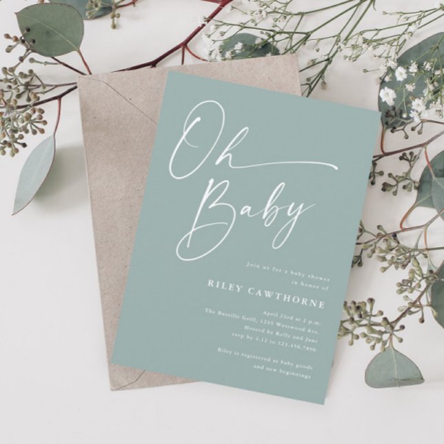 Modern Script Sage Green Oh Baby Shower Invitation (Creator Uploaded)
