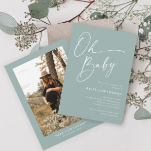 Modern Script Sage Green Photo Baby Shower Invitation