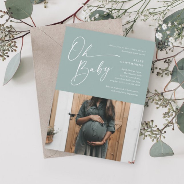 Modern Script Sage Green Photo Baby Shower Invitation (Creator Uploaded)