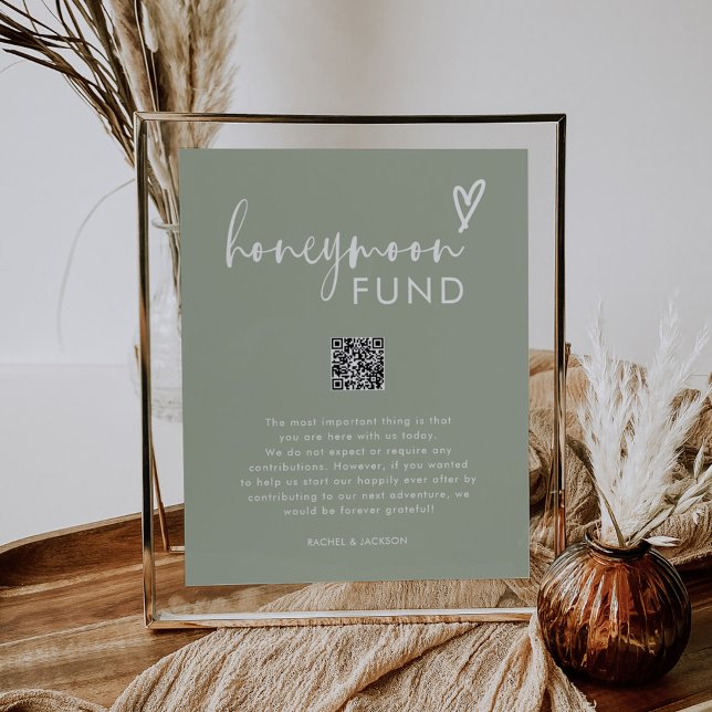 Modern Script Sage Green QR Wedding Honeymoon Fund Poster (Creator Uploaded)
