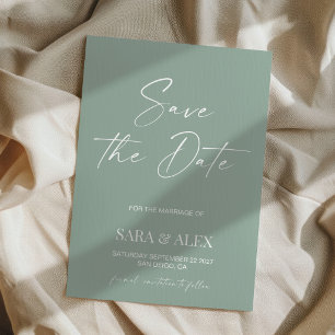 Modern script sage green typography wedding save the date