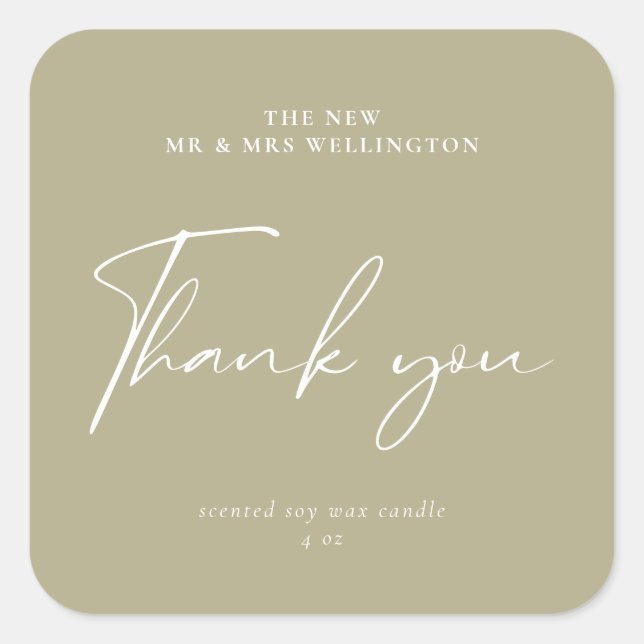 Modern Script Sage Green Wedding Favour Candle Square Sticker (Front)