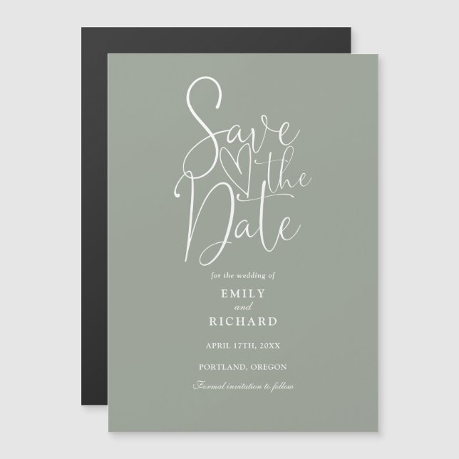 Modern Script Sage Green Wedding Save The Date Magnetic Invitation (Front/Back)