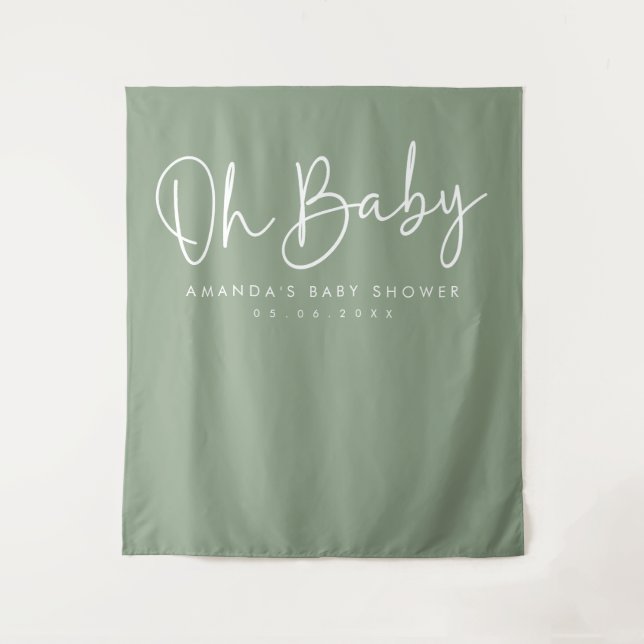 Modern Script Sage Oh Baby Baby Shower Backdrop Tapestry (Front)