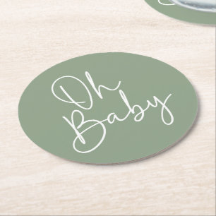 Modern Script Sage Oh Baby Simple Baby Shower Round Paper Coaster