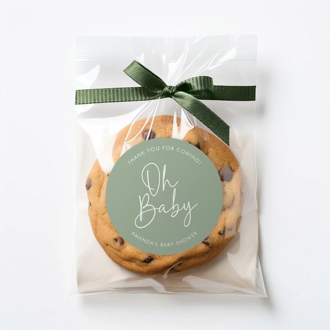 Modern Script Sage Oh Baby Simple Shower Favour Classic Round Sticker (Creator Uploaded)
