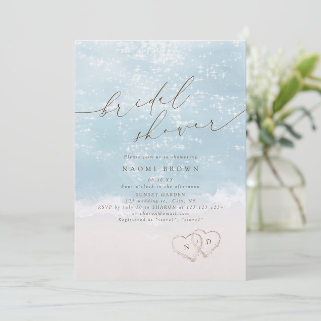 Modern Script Sand Hearts Beach Bridal Shower  Invitation (Standing Front)