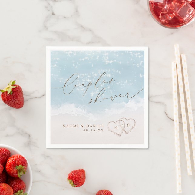 Modern Script Sand Hearts Beach Couples Shower Napkin (Insitu)