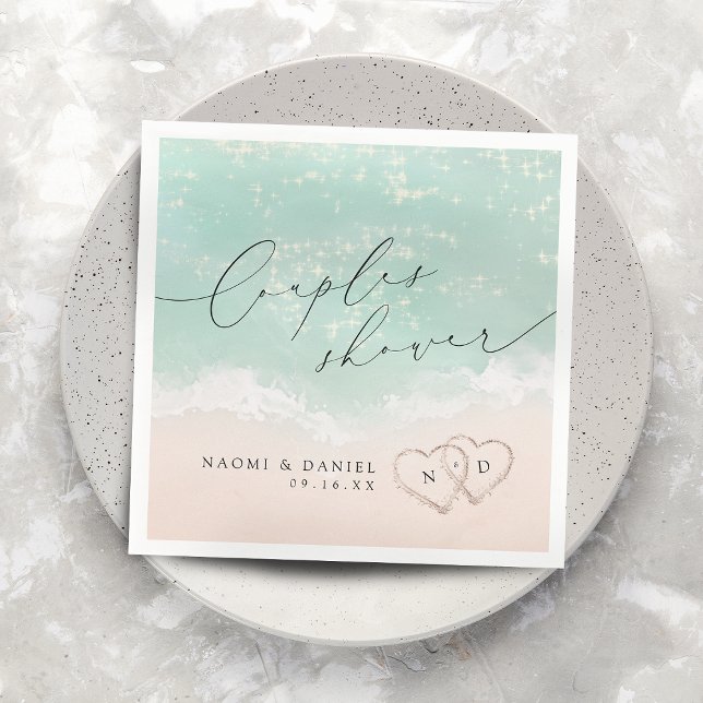 Modern Script Sand Hearts Beach Couples Shower Napkin (Modern Script Sand Hearts Beach Couples Shower Napkins)