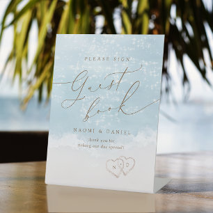 Modern Script Sand Hearts Beach Guest Book Sign
