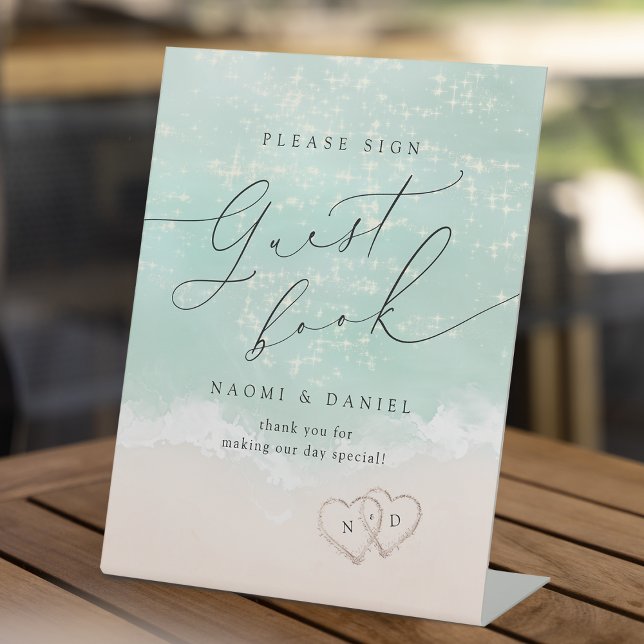 Modern Script Sand Hearts Beach Guest Book Sign (Modern Script Sand Hearts Beach Guest Book Sign)