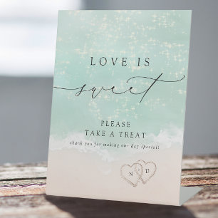 Modern Script Sand Hearts Beach Love Is Sweet Pedestal Sign