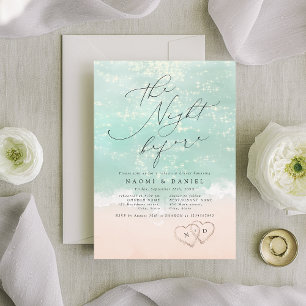 Modern Script Sand Hearts Beach Rehearsal Dinner Invitation